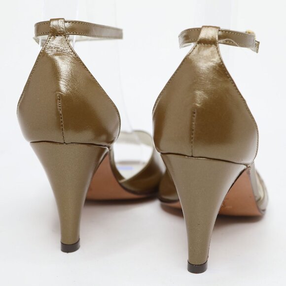 Vintage Fabiosi Olive Green Brown Leather Ankle Strap Peep Toe Pumps Skinny Heel - Picture 5 of 10